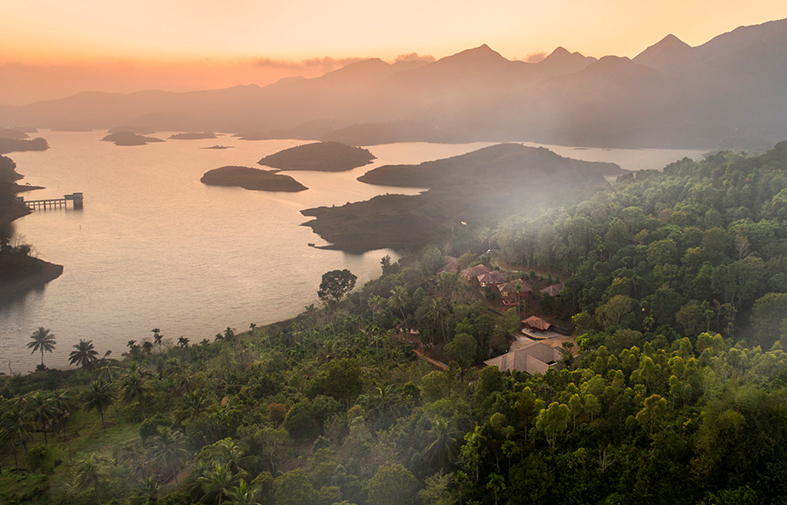 Waterfront resort landscape near Banasura Sagar Wayanad